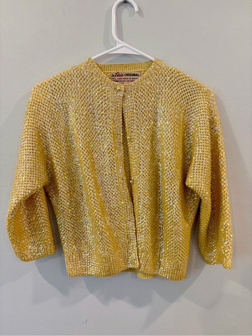 Vintage 60s A Faris Original Yellow Sequin Pure Wool Cardigan Size M